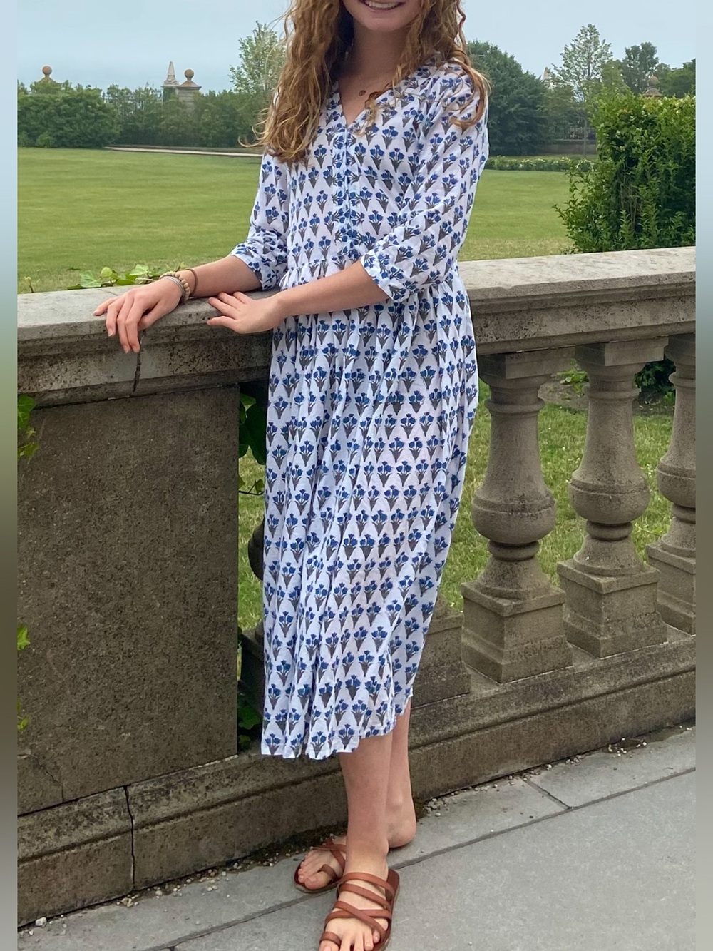 Blue Floral Block Print Midi Dress